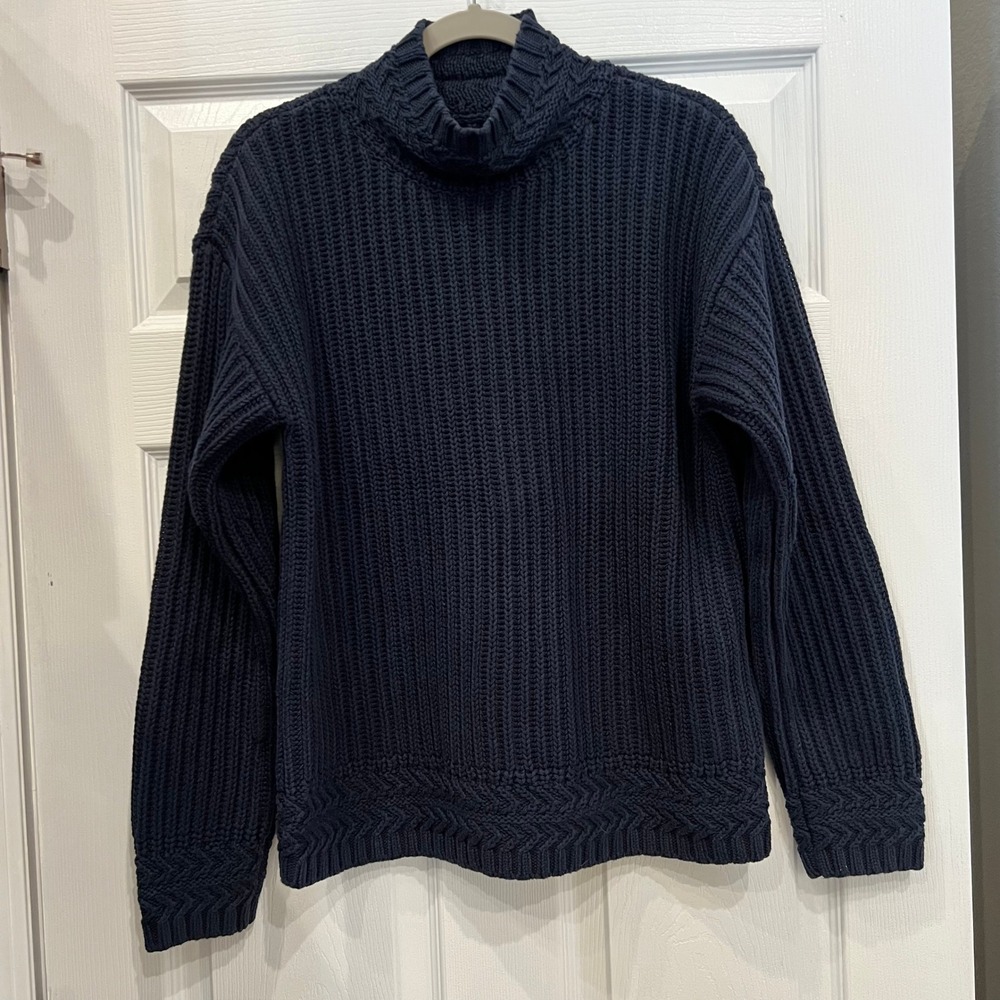LL Bean Signature Mock Neck Sweater Organic Cotton Navy Shaker Knit Fisherman M